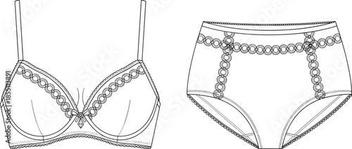 Lingerie flat sketch, female bra and high waist panty technical drawing, lace underwear set template, apparel design vector mockup illustration, fashion.