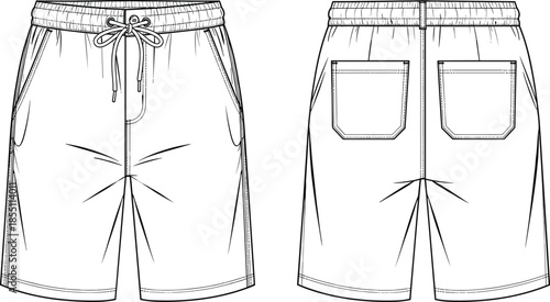 PrintMen casual drawstring shorts flat sketch, elastic waist bermuda technical drawing, apparel design vector mockup, summer bottoms illustration, fashion CAD.