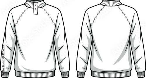 PrintMen sweatshirt flat sketch, raglan sleeve pullover technical drawing, high neck fleece template, apparel design vector mockup illustration, fashion CAD.