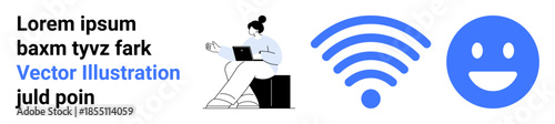 Remote work, freelance, technology, online communication, productivity, digital access. Woman with laptop, wireless symbol happy face. Remote work and technology concept for online communication