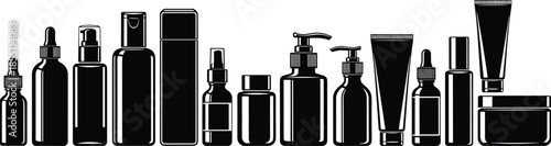 PrintCollection of cosmetic packaging silhouettes featuring pump bottles, droppers, tubes, and jars for beauty skincare product branding and commercial design projects (20 words)
