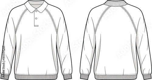 PrintTechnical CAD vector illustration of a women's raglan sleeve polo sweatshirt, featuring a ribbed collar, button placket, and elasticated hem.