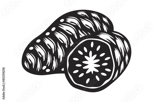 Two monochrome potatoes are depicted with distinct textures and markings in this clean vector