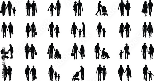 PrintCollection of Various Family Silhouettes, Couples Holding Hands, Parents with Strollers, Senior Citizens, and People in Wheelchairs for Lifestyle Projects