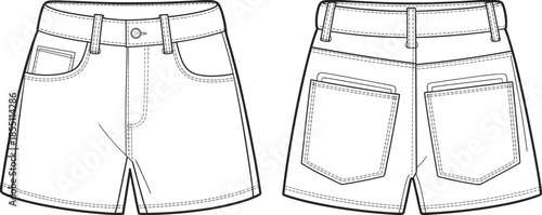 PrintTechnical CAD vector illustration of women's denim shorts, featuring a high waist, five pocket styling, belt loops, and back patch pockets.