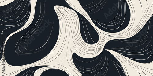 Abstract topographic background with fluid wavy lines. Elegant black and cream marble texture. Modern minimalist vector pattern for posters, landing pages, covers, and artistic branding