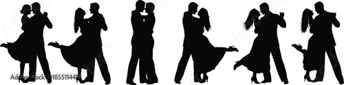 PrintSet of dancing couple silhouettes, ballroom dancers in romantic poses, tango and waltz partners, elegant performance icons isolated on white background