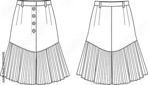 PrintTechnical Fashion Sketch of a Women's High-Waisted A-Line Midi Skirt Featuring a Button Front and Contrast Sunburst Pleated Hem Detail (20 words)