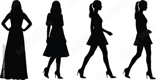 PrintSet of elegant woman silhouettes, ladies in fashionable dresses walking and standing in various poses, female figures isolated on white,