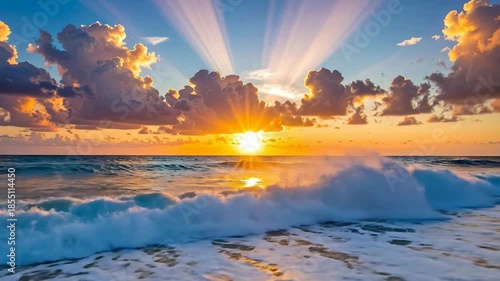 Dramatic Sunset Over Ocean with Sunburst Beams Illuminating Waves and Clouds