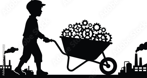 Silhouette of child pushing wheelbarrow filled with gears, industrial background, factory smokestacks, symbolic labor, mechanical work, social commentary