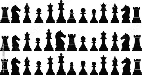 Three rows of black chess pieces arranged in standard starting positions black chess set