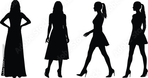 PrintSet of Elegant Women Silhouettes in Fashionable Dresses and High Heels for Beauty, Lifestyle, Clothing Boutique, Corporate Work, and Glamour
