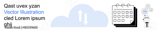Cloud computing, automation, workflow, data synchronization, digital tools, organization. Image of a cloud with arrows and a calendar with a gear. Cloud computing and automation concept