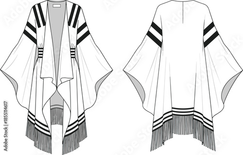 PrintWomen bohemian fringed cardigan flat sketch, oversized poncho technical drawing, tribal stripe wrap template, apparel design vector mockup illustration, fashion.