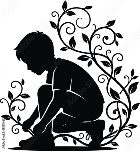 Silhouette of child tying shoelace surrounded by swirling vines, nature and growth theme, whimsical moment, innocence and connection