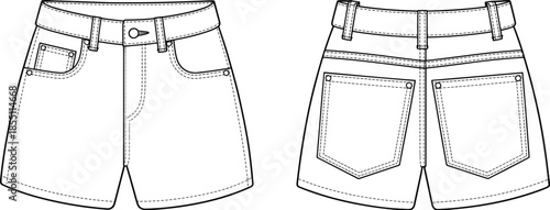 PrintWomen denim shorts flat sketch, jean hot pants technical drawing, female bottom template, apparel design vector mockup illustration, fashion CAD.