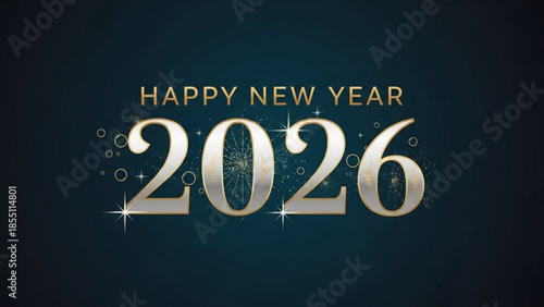 A digital illustration of Happy New Year 2026 in gold text on a dark blue background with sparkles and glitter