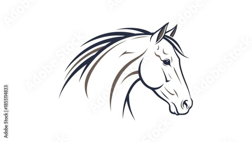 A stylized illustration of a horse's head with flowing mane on a plain white background in black and brown hues