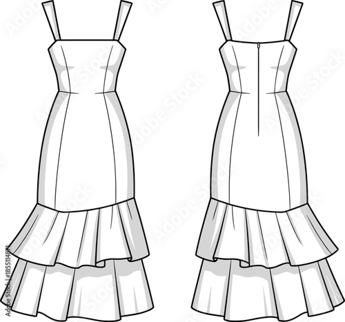 PrintWomen sleeveless midi dress flat sketch, tiered ruffle hem technical drawing, fashion template, apparel design vector mockup illustration, CAD drawing.