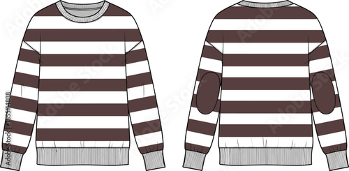 PrintWomen striped sweater flat sketch, crew neck pullover technical drawing with elbow patches, fashion template, apparel design vector mockup, illustration.