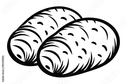 Two Potatoes Side By Side With Detailed Black Outline on White Background