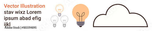 Creativity, innovation, brainstorming, idea generation, cloud storage, technology. Minimalist illustration of light bulbs and a cloud outline. Creativity and innovation concept