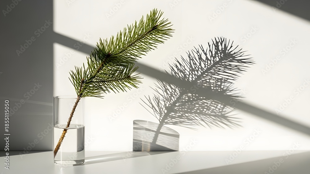 Fototapeta premium A single pine branch in a glass vase creating a striking shadow on a white wall.
