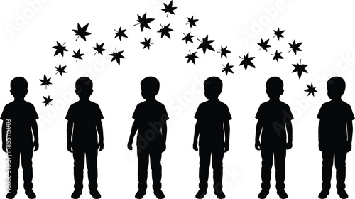 Silhouette of children standing in a row with falling autumn leaves symbolizing childhood, growth, imagination, seasons, and group unity