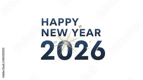 A graphic design celebrating the new year 2026 with a festive Happy New Year message and gold fireworks on a white background