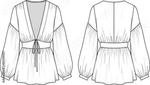 PrintWomen v-neck lantern sleeve blouse flat sketch, tie waist peplum top technical drawing, fashion template, apparel design vector mockup, illustration.