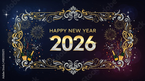 A festive Happy New Year 2026 graphic with gold and silver fireworks and decorations on a dark background