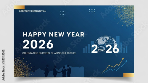 A Happy New Year 2026 corporate presentation slide celebrating success and shaping the future with a blue background and gold accents