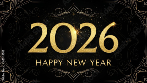 A digital illustration of a Happy New Year 2026 greeting with gold text and decorative elements on a black background