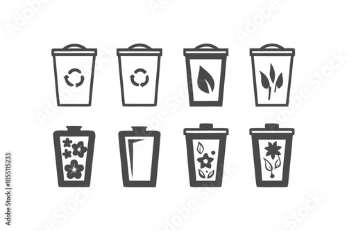 Various trash cans display recycle symbols and floral silhouettes icon