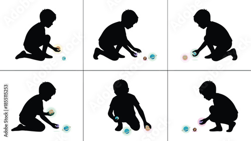 Silhouettes of children exploring glowing planets, playful space curiosity, imaginative science learning, vibrant cosmic interaction, childhood fascination with astronomy