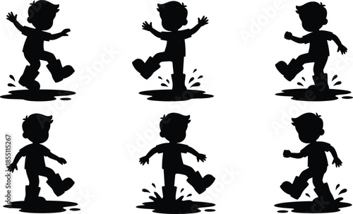 Silhouettes of child jumping in puddles, joyful outdoor play, water splashes, rainy day fun, movement and childhood expression