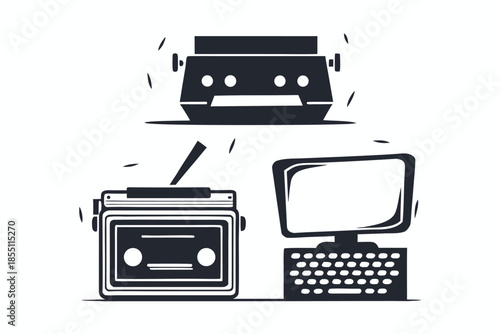 Vintage media technology shows printer, audio recorder, and computer against white background