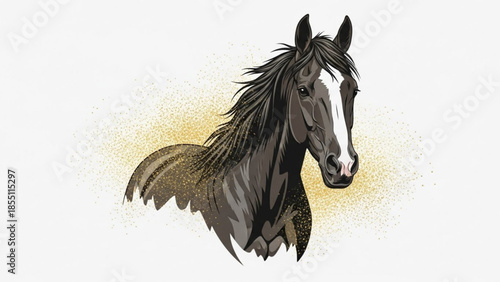 A digitally illustrated black and white horse with a distinctive white stripe on its face against a warm yellow background
