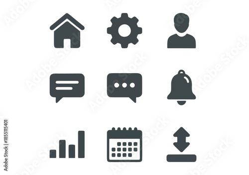 Collection of User Interface Icons Featuring Home, Settings, User Profile, Chat, Notification Bell, Analytics, Calendar, and Upload Symbols