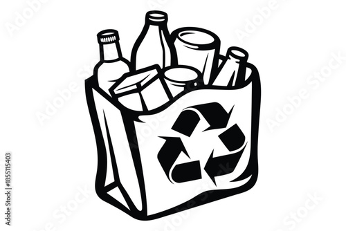 Various recyclable items filling a bag with a recycle logo