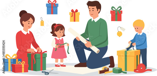 Family wrapping gifts together on floor with colorful presents