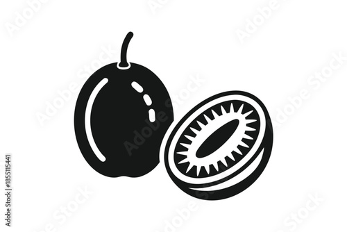 Whole Kiwifruit With Stem and Half Cross Section on White Background Icon
