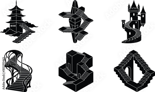 Surreal fantasy staircases and impossible architecture silhouettes, mystical towers and castles, dreamlike geometric structures, monochrome vector illustration set