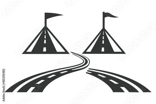 Winding road branches towards two destinations marked by flagpoles, showcasing path choices on transparent background