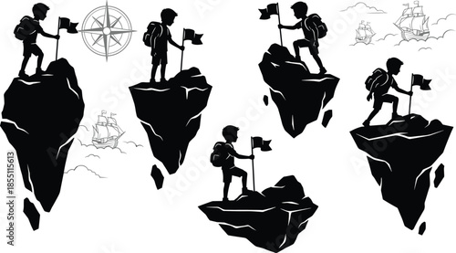 Young explorer silhouette reaching goals on floating islands, adventure and discovery journey concept, childhood ambition and exploration, monochrome vector illustration set