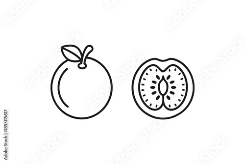Whole Orange Fruit with Leaf and Kiwi Slice, Black Outline on White Background