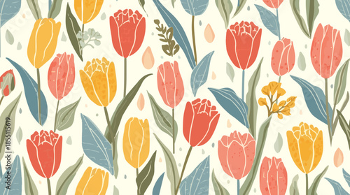 Vector template featuring vibrant fabric tulip motifs in a repeating pattern with a modern flat design style, incorporating bold lines, solid colors