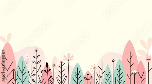 Vector template card featuring a vibrant spring season scene with a flat design aesthetic, incorporating pastel colors such as soft pink, baby blue, and mint 