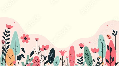 Vector template card featuring a vibrant spring season scene with a flat design aesthetic, incorporating pastel colors such as soft pink, baby blue, and mint 